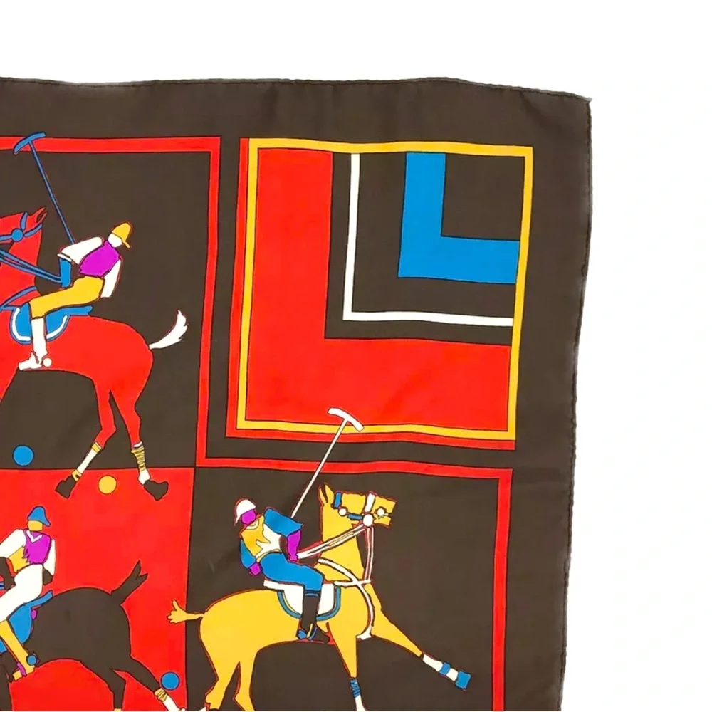AUTH VINTAGE CHRISTIAN DIOR 78cm x 78cm LARGE MULTICOLOR JOCKEY RED SCARF SILK